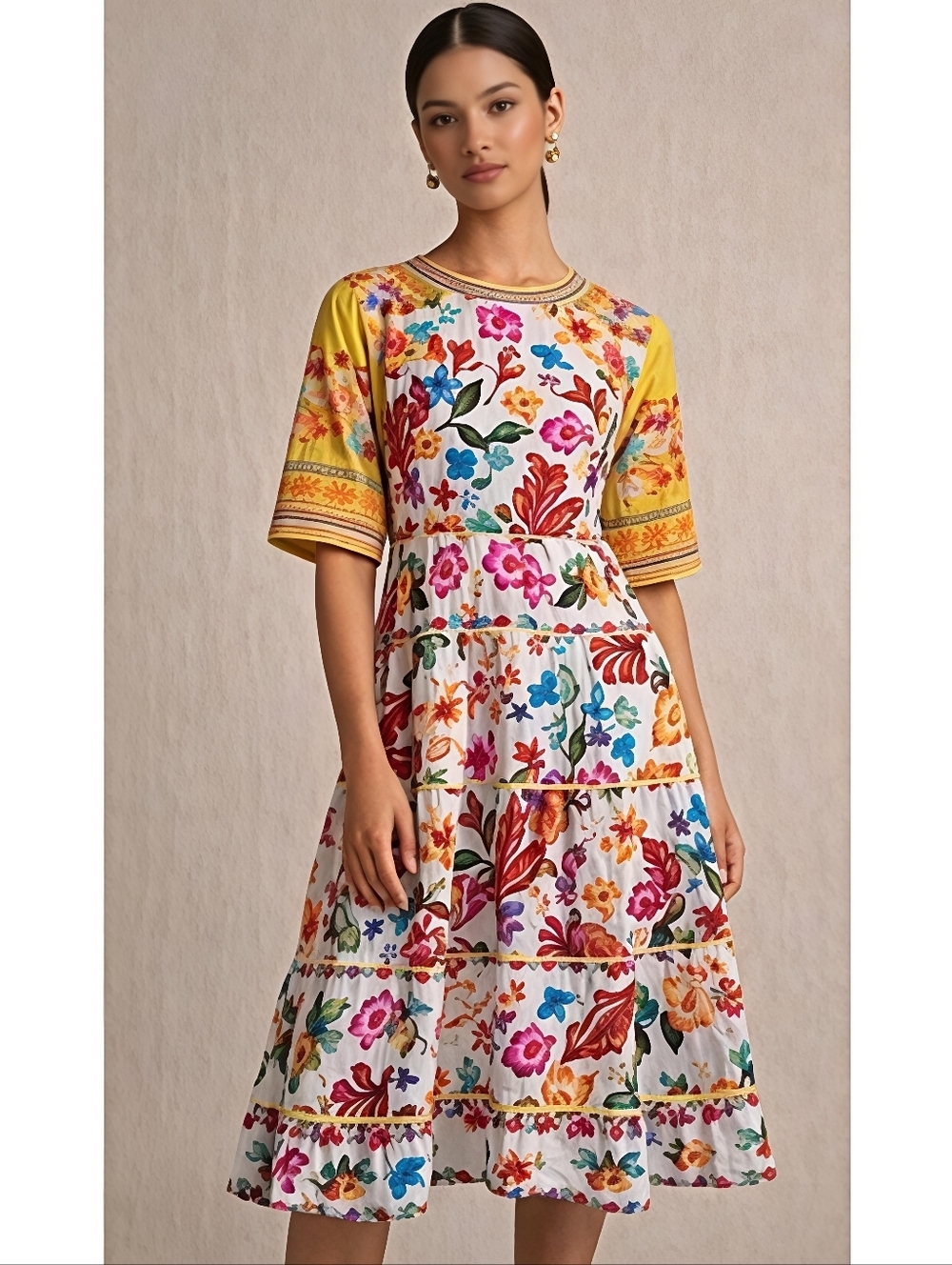 John Mark Boho Tiered Cottagecore Artsy Floral Midi Dress Multi Print, NWT M